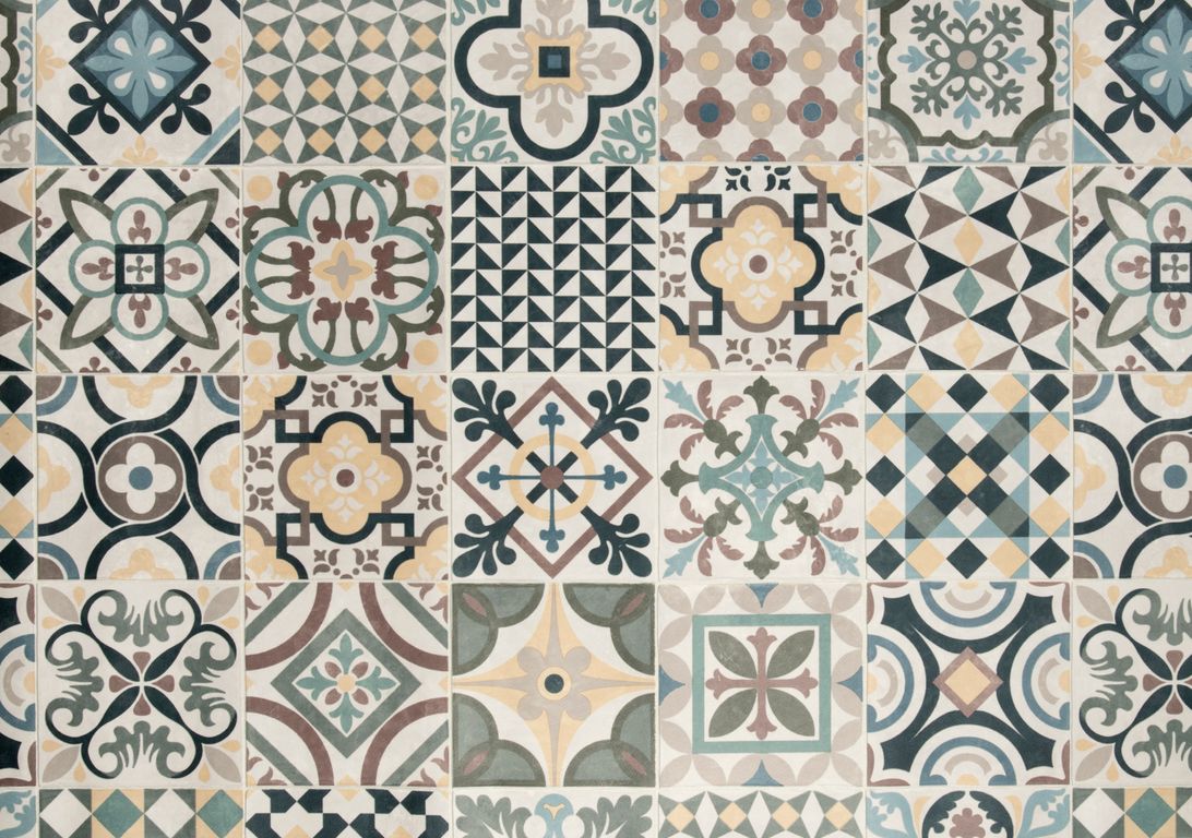 Sol vinyle rouleau MOONLIGHT , Carreaux ciment bleu jaune blanc, rouleau 4.00 m