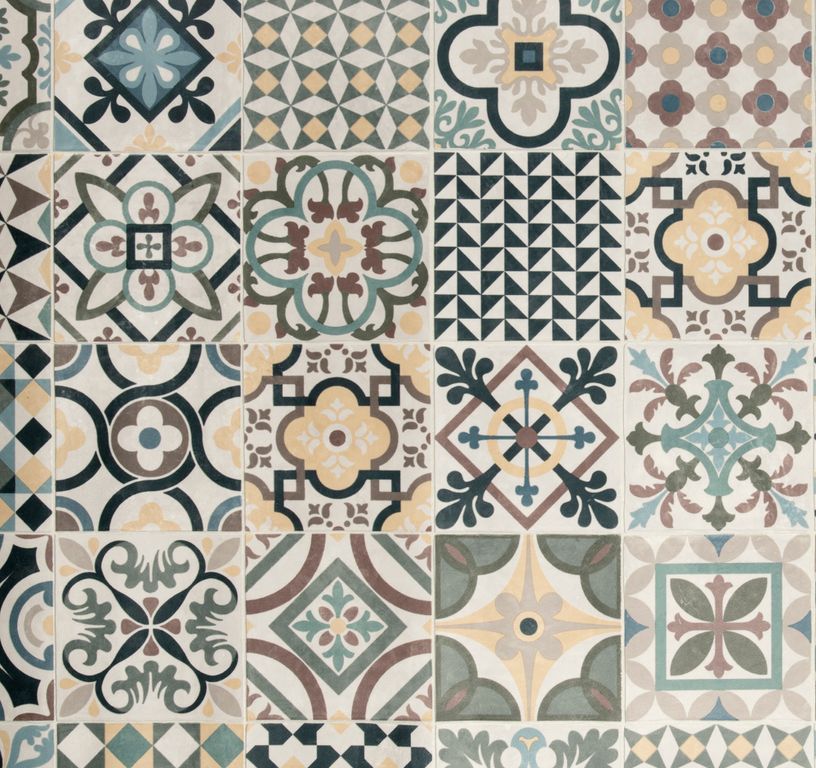 Sol vinyle rouleau MOONLIGHT , Carreaux ciment bleu jaune blanc, rouleau 4.00 m