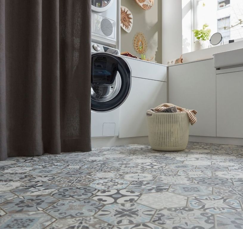 Sol vinyle rouleau MOONLIGHT , Carreaux ciment gris clair bleu, rouleau 4.00 m