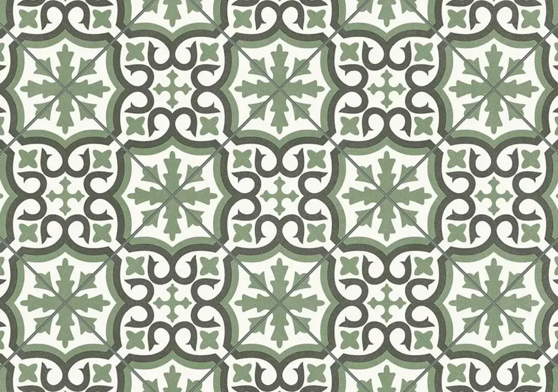 Sol vinyle rouleau TRENTO , Carreaux ciment floral vert , rouleau 4.00 m