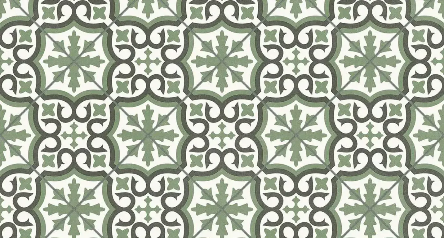 Sol vinyle rouleau TRENTO , Carreaux ciment floral vert , rouleau 4.00 m