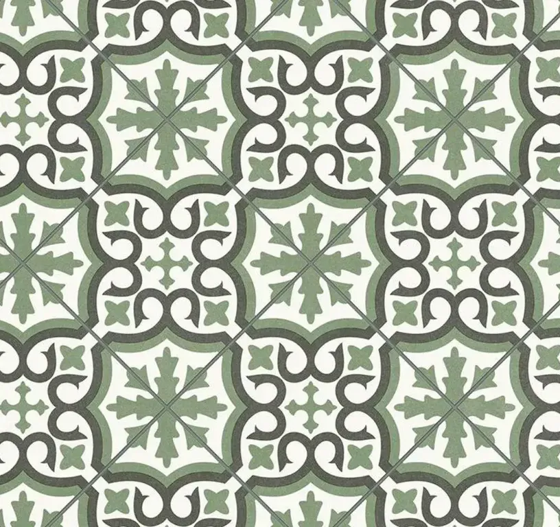 Sol vinyle rouleau TRENTO , Carreaux ciment floral vert , rouleau 4.00 m