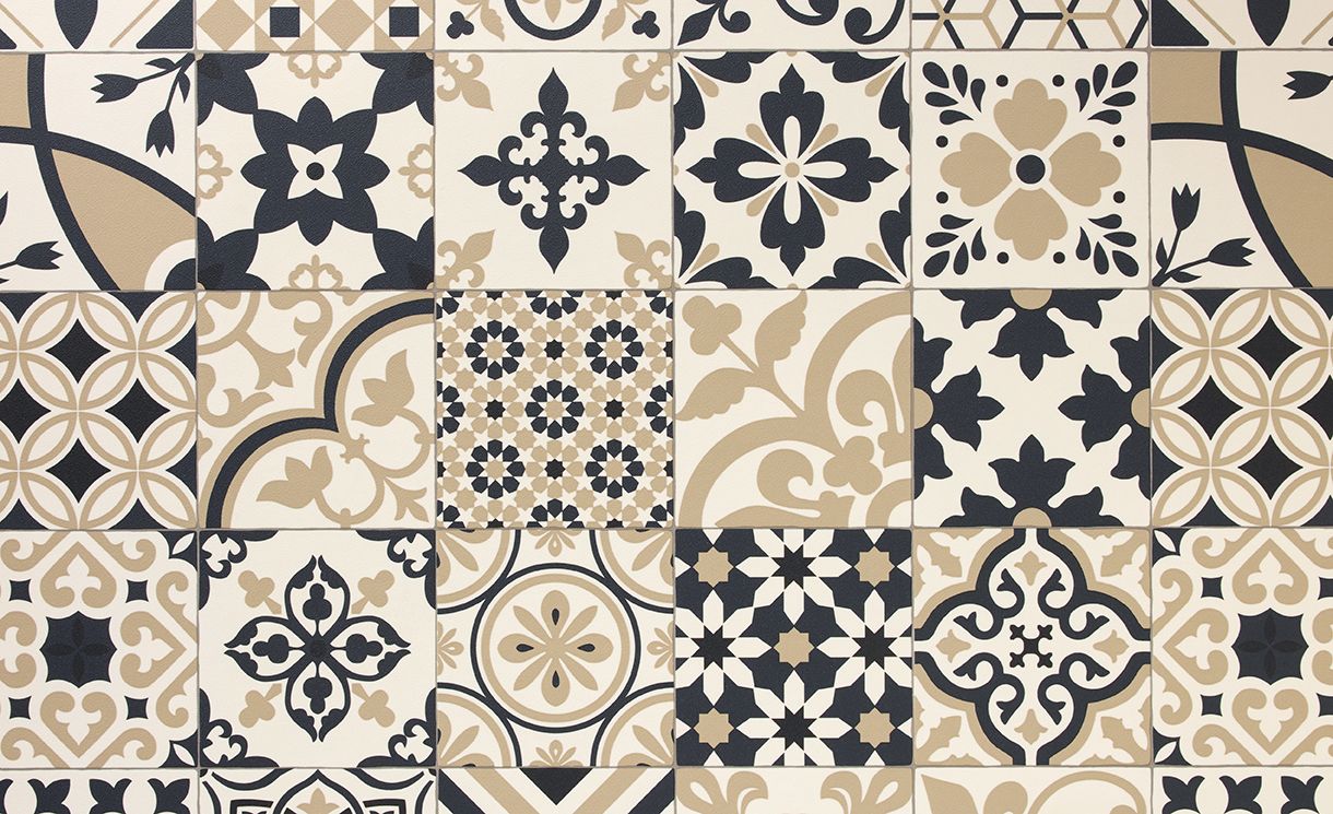 Sol vinyle rouleau TRENTO , Carreaux ciment ancien beige et noir, rouleau 4.00 m