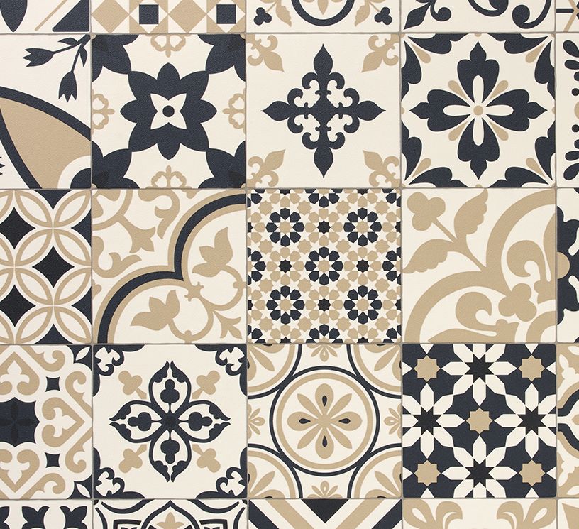 Sol vinyle rouleau TRENTO , Carreaux ciment ancien beige et noir, rouleau 4.00 m