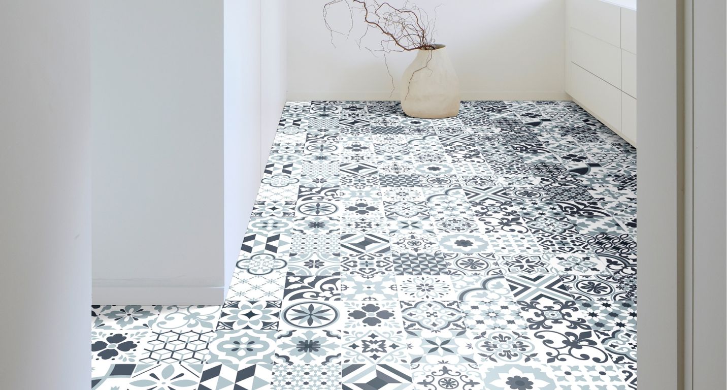 Sol vinyle rouleau TRENTO , Carreaux ciment ancien bleu, rouleau 4.00 m