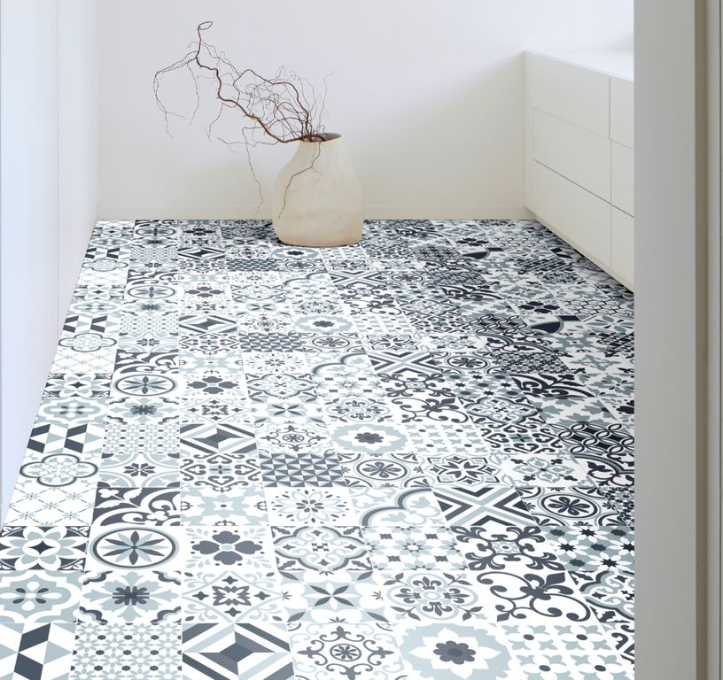 Sol vinyle rouleau TRENTO , Carreaux ciment ancien bleu, rouleau 4.00 m