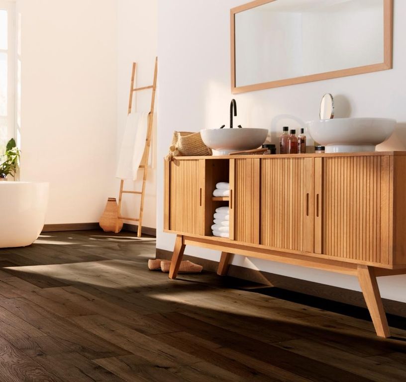 Revêtement sol bois WOOD & STONE CHENE VINTAGE, chêne marron moyen, verni, larg. 19.00 cm