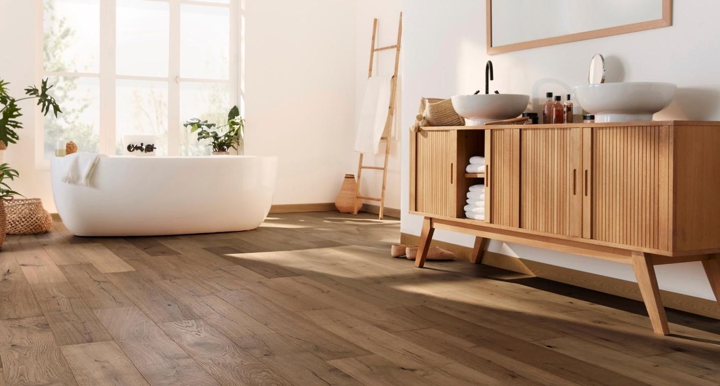 Revêtement sol bois WOOD & STONE CHENE VINTAGE, chêne marron foncé, verni, larg. 19.00 cm