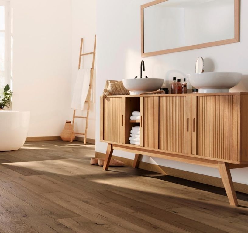 Revêtement sol bois WOOD & STONE CHENE VINTAGE, chêne marron foncé, verni, larg. 19.00 cm