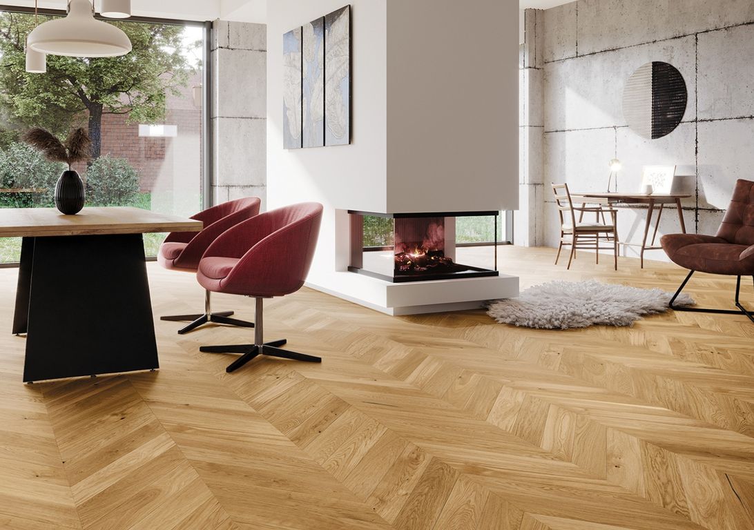 Parquet contrecollé POINT DE HONGRIE 130 CHENE COURANT, chêne naturel, verni, larg. 13.00 cm