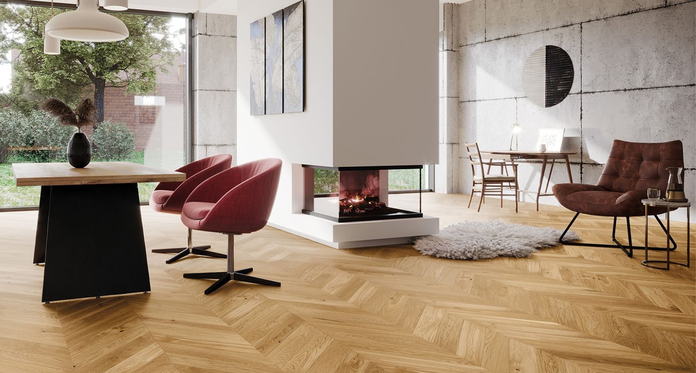 Parquet contrecollé POINT DE HONGRIE 130 CHENE COURANT, chêne naturel, verni, larg. 13.00 cm