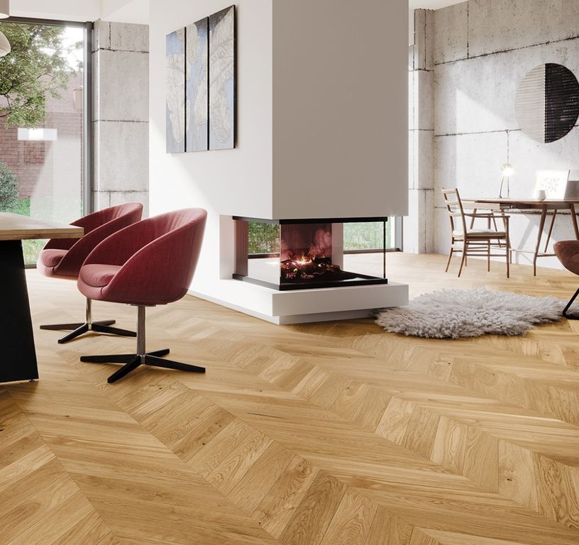 Parquet contrecollé POINT DE HONGRIE 130 CHENE COURANT, chêne naturel, verni, larg. 13.00 cm