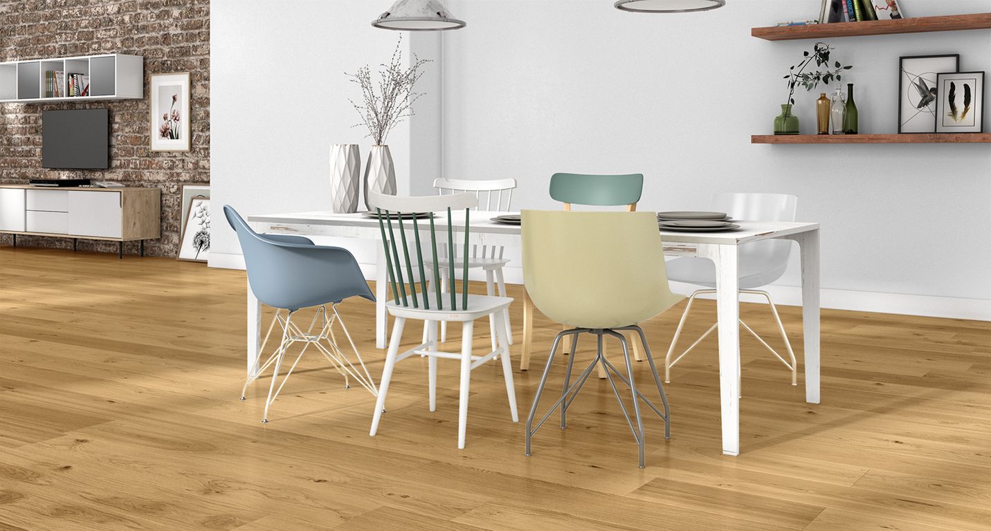 Parquet contrecollé MAJESTE 184 CHENE AUTHENTIQUE, chêne marron moyen, verni, larg. 18.40 cm