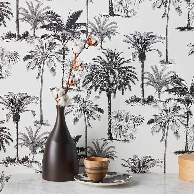 Papier peint HAWAÏ Decoprint, Vinyle sur intissé décor Floral / Végétal, noir et blanc