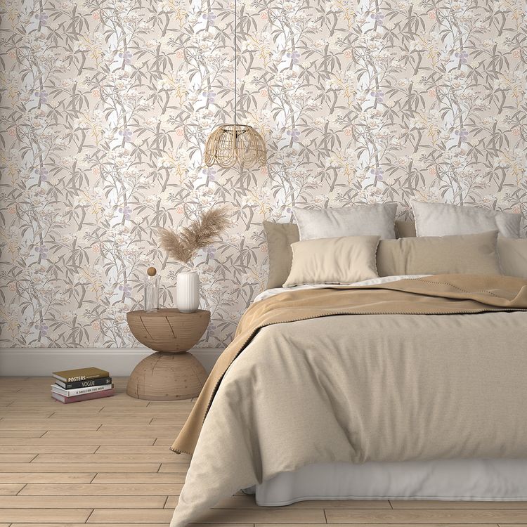 Papier peint TAHER , Vinyle sur intissé décor Floral / Végétal, beige