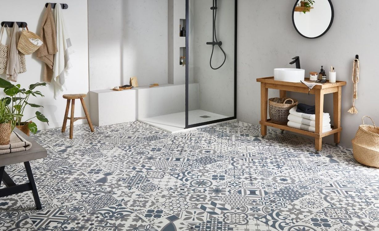 Sol vinyle rouleau EMOTION , Carreaux ciment gris et bleu, rouleau 4.00 m
