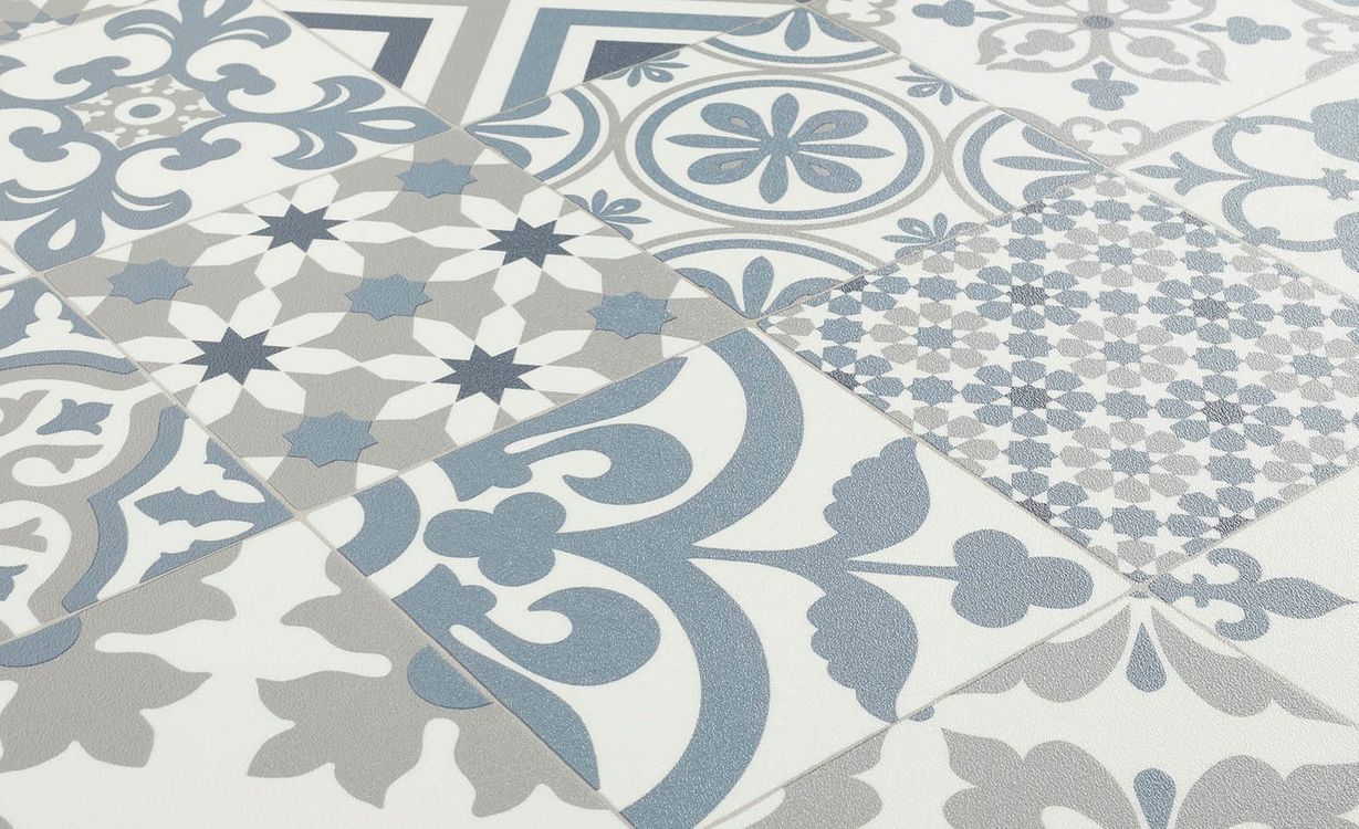 Sol vinyle rouleau EMOTION , Carreaux ciment gris et bleu, rouleau 4.00 m