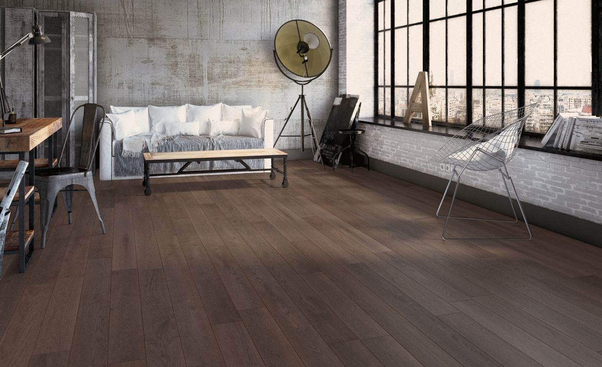 Parquet contrecollé MAJESTE 139 CHENE VINTAGE, chêne gris, verni, larg. 13.90 cm